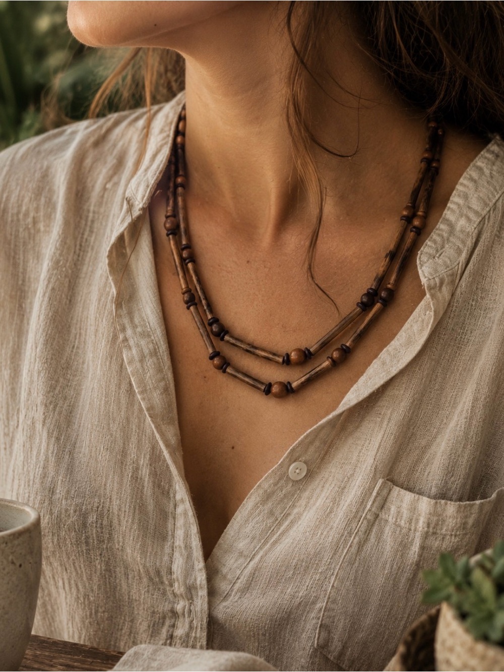 Vintage Artisan Wood Bead Necklace Double Strand Boho Earth Tone